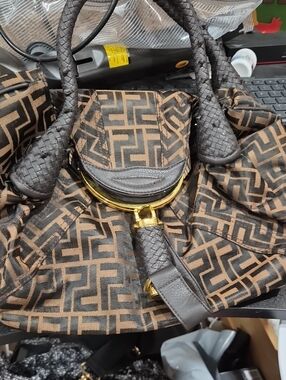 Brown Geometric Pattern Shoulder Bag with Gold Accent